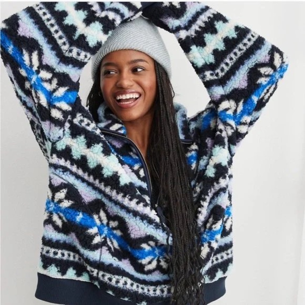 Aerie Womens Fair Isle Sherpa Quarter Zip Fleece Pullover Blue Purple Nordic XXS